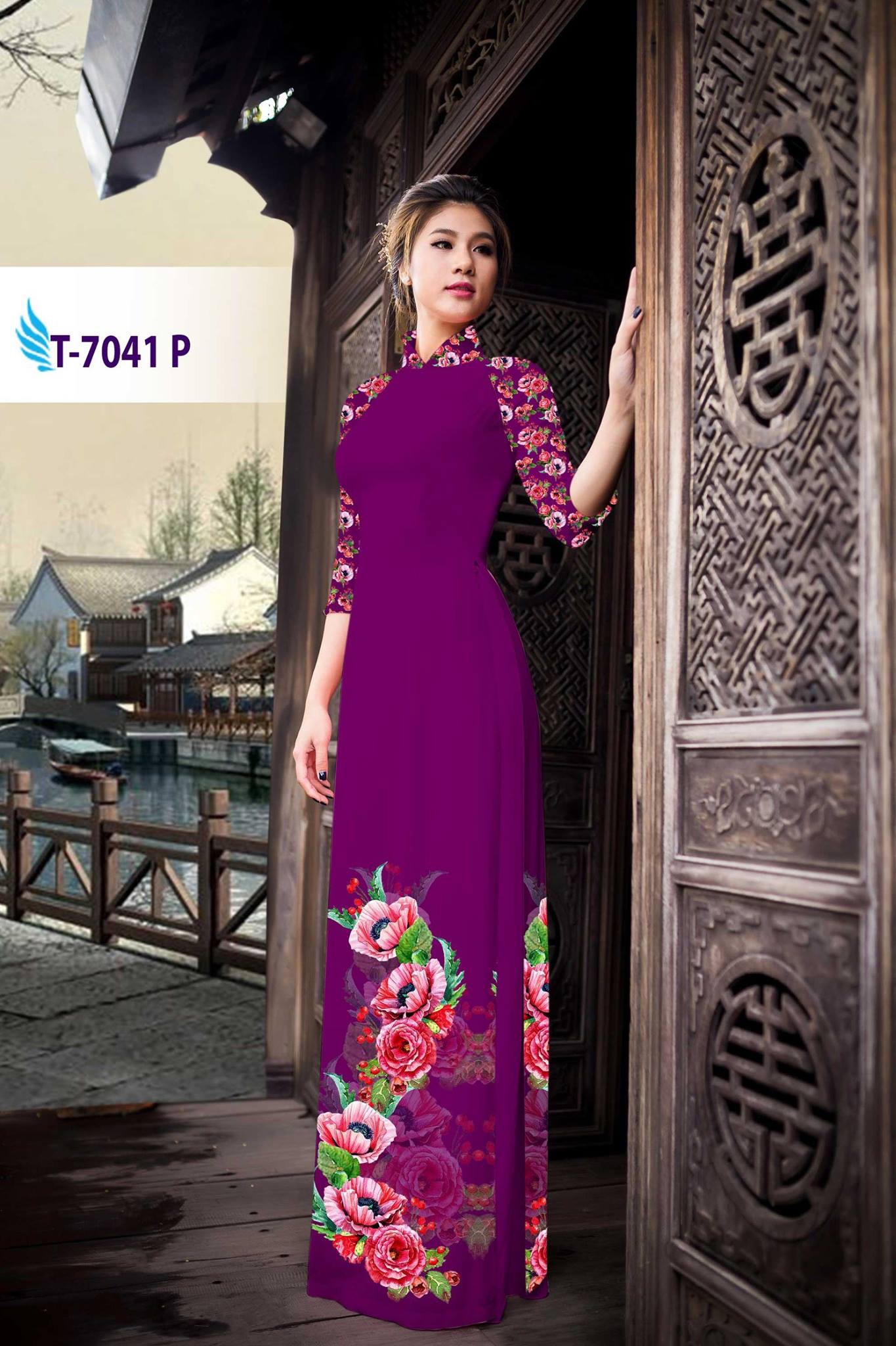Vải áo dài hoa 3D T-7041 - Ảnh 9