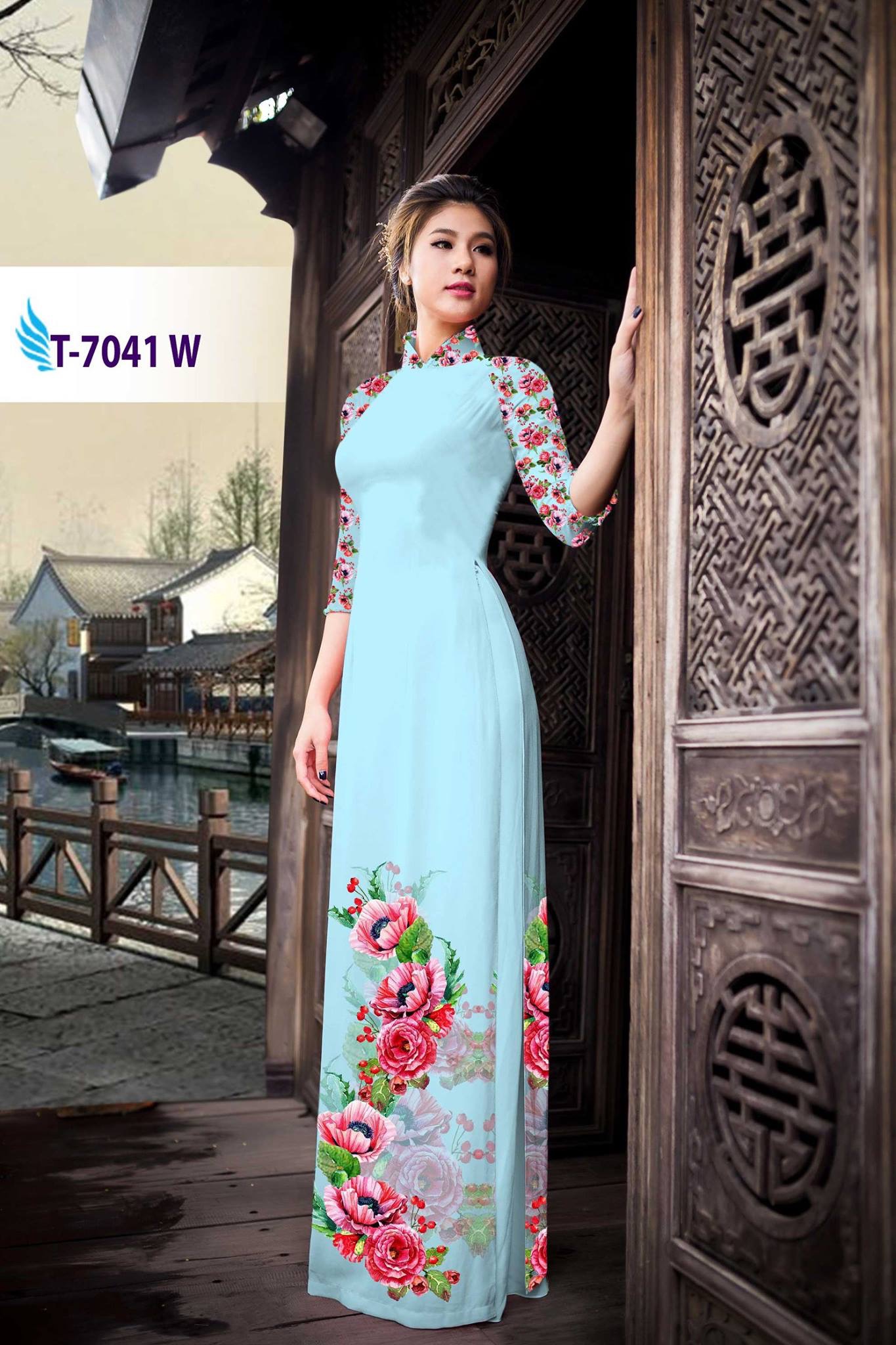 Vải áo dài hoa 3D T-7041 - Ảnh 3
