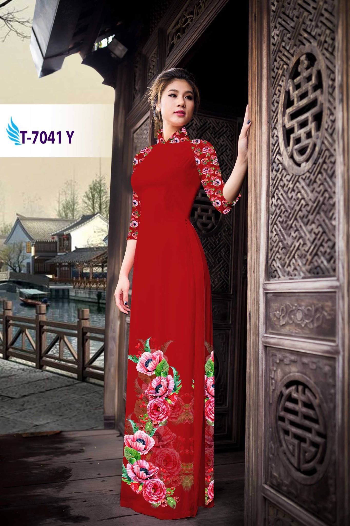 Vải áo dài hoa 3D T-7041 - Ảnh 2