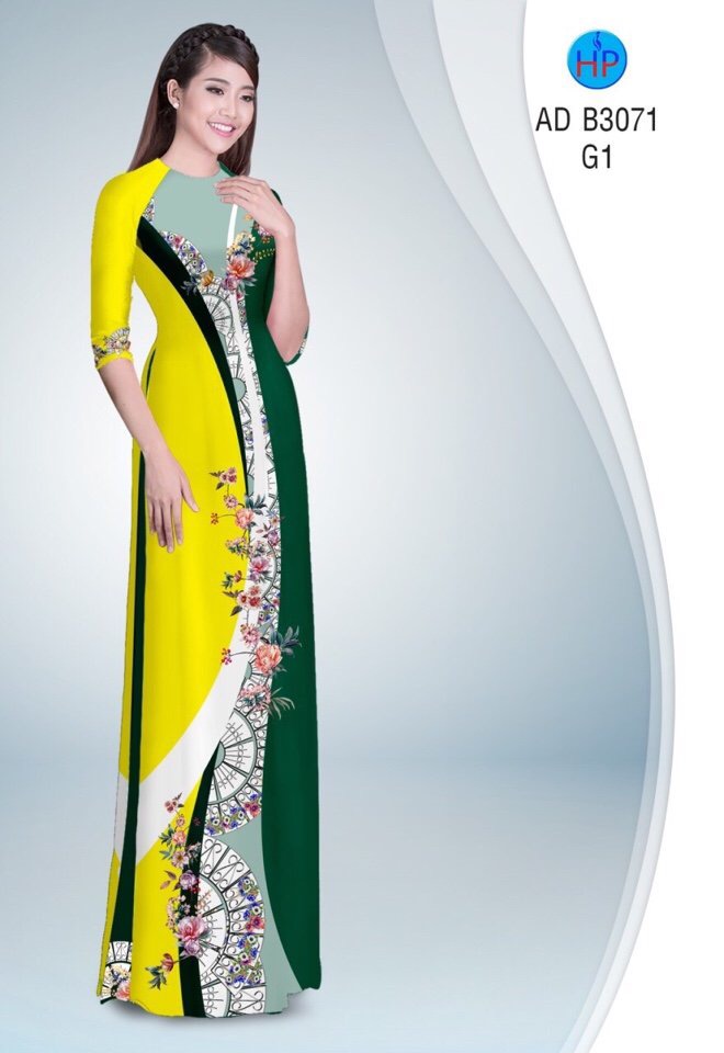 Vải áo dài hoa và quạt AD B3071