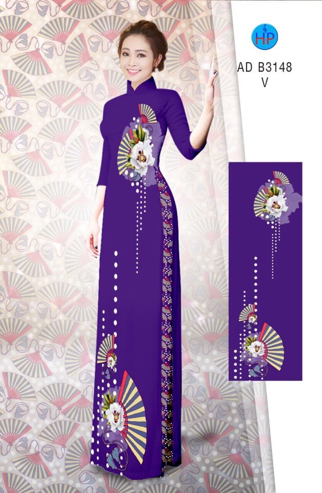 Vải áo dài hoa và quạt AD B3148 - Ảnh 9
