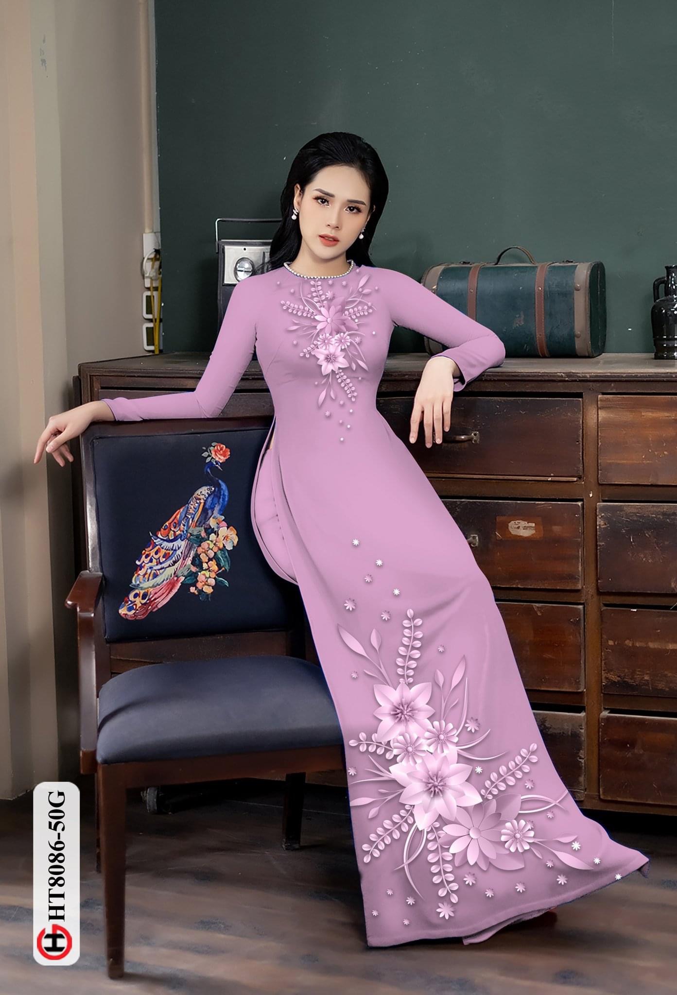 Vải áo dài hoa trên dưới HT8086 - Ảnh 2