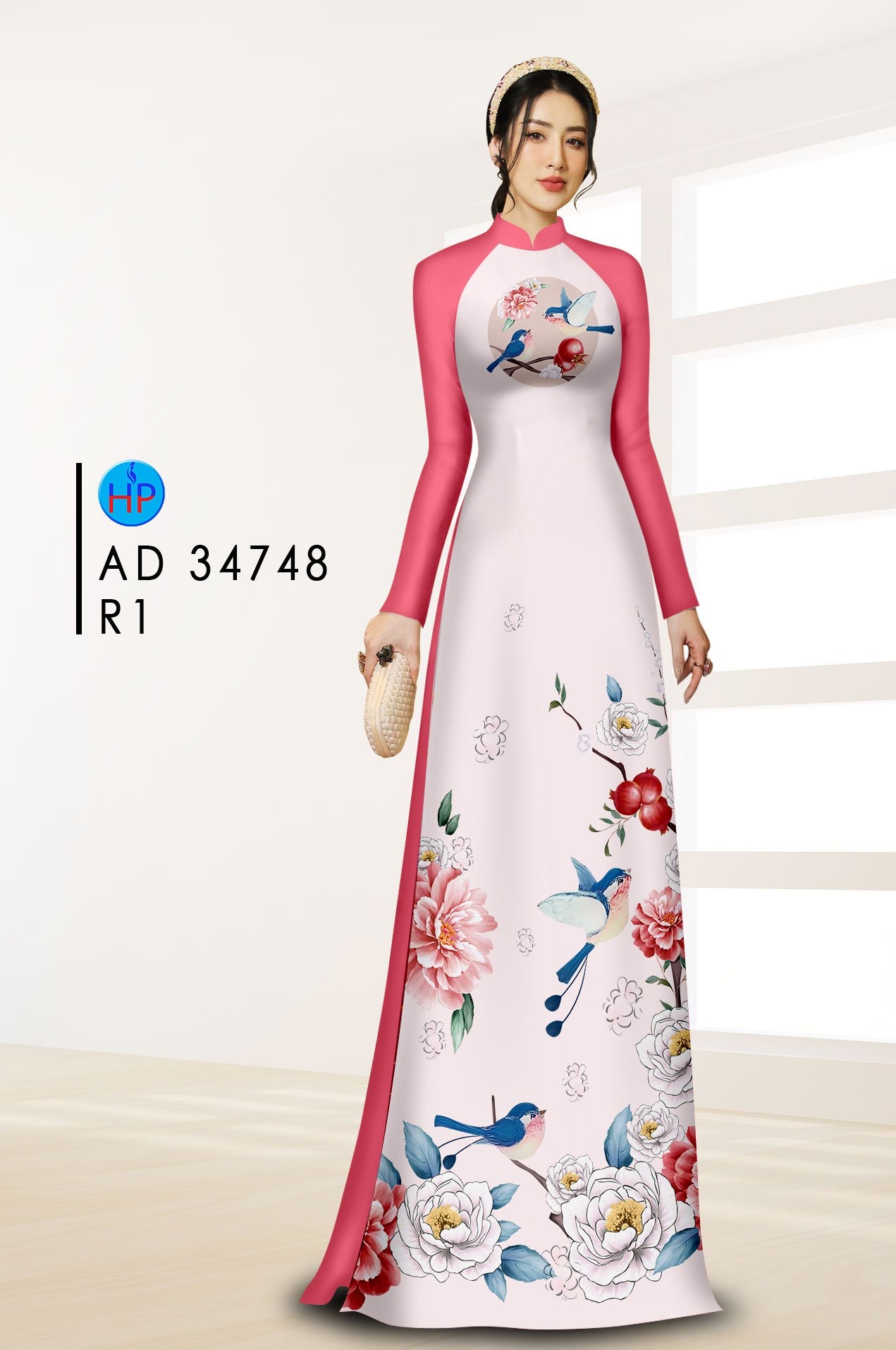 Vải áo dài hoa và chim ad 34748