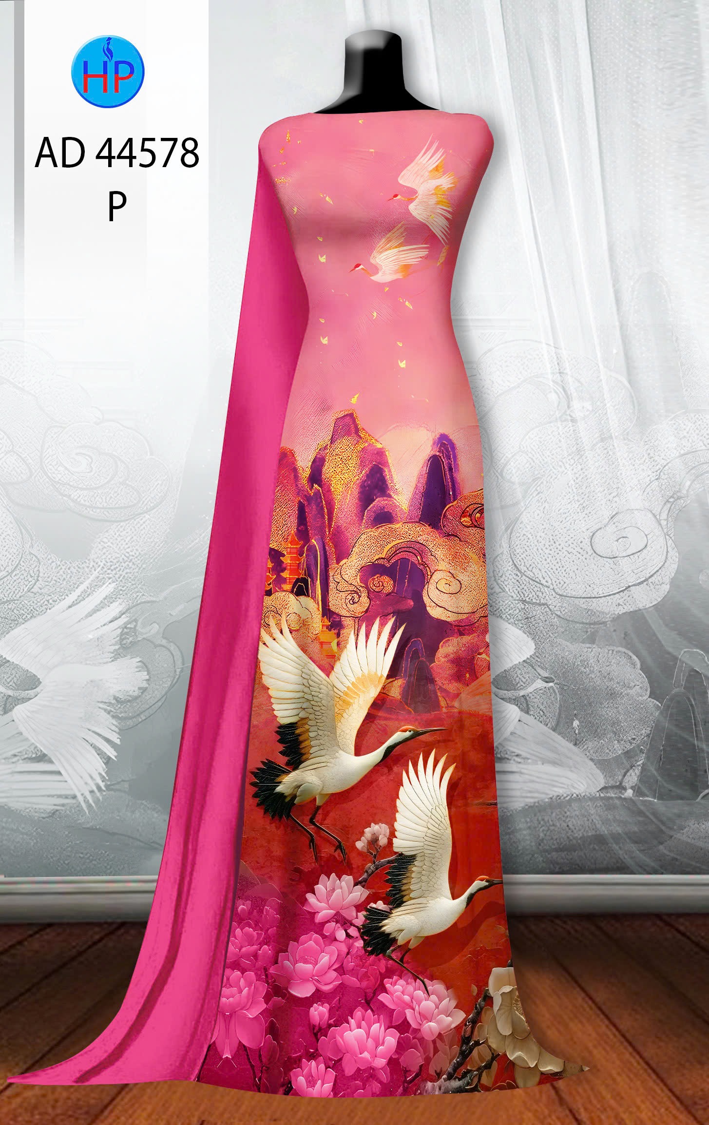 Vải áo dài chim hạc ad 44578
