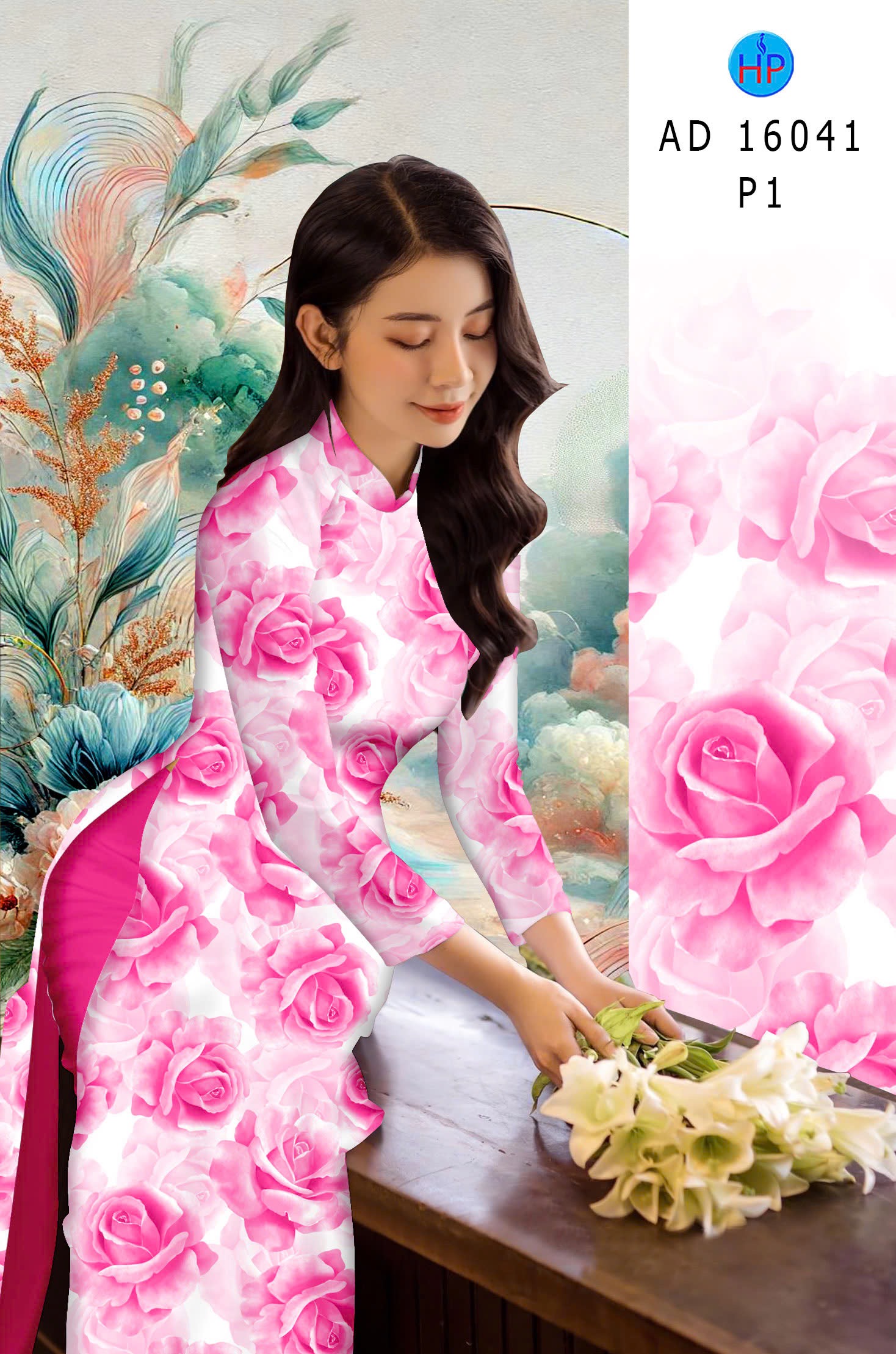 Vải áo dài hoa hồng ad 16041